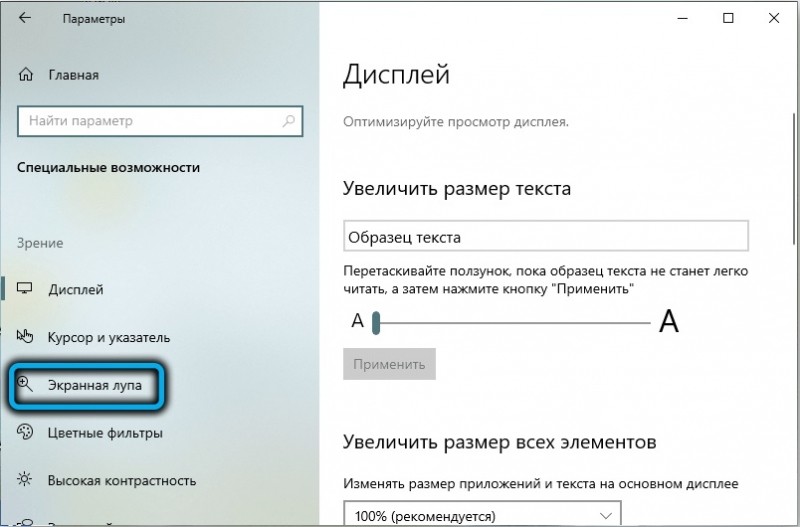  Включение, настройка, отключение экранной лупы в Windows