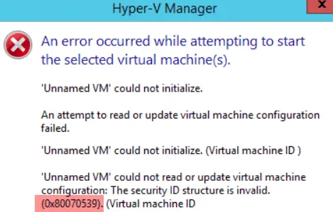 ВМ не удалось инициализировать, 0x80070539 ошибка Hyper-V