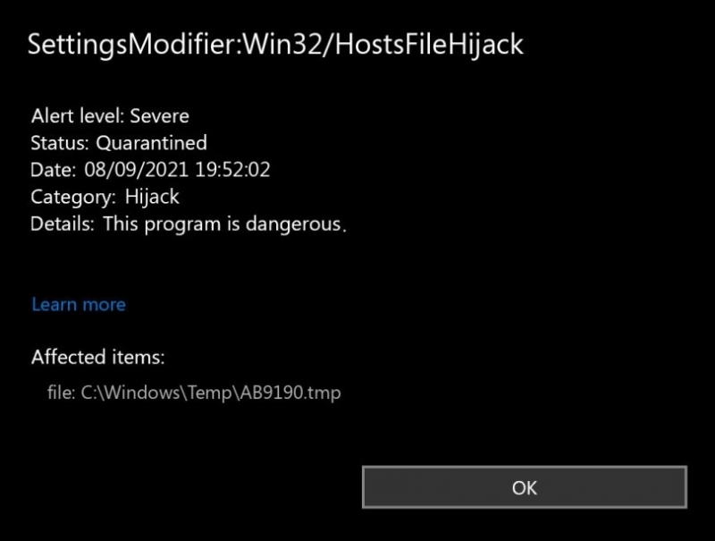  Как избавиться от сообщения SettingsModifier:Win32/HostsFileHijack