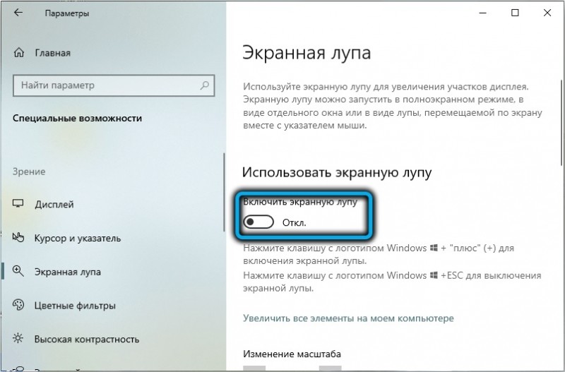  Включение, настройка, отключение экранной лупы в Windows