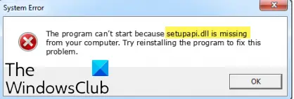 Исправить ошибку SETUPAPI.dll отсутствует или не найдена в Windows 11/10