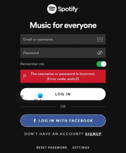 Не удается войти в Spotify с правильным паролем или номером телефона