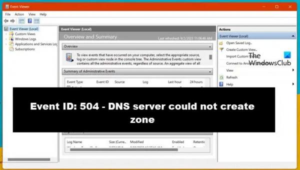 Код события 504, DNS-серверу не удалось создать зону.