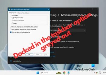 Языковая панель «Закреплена на панели задач», опция в Windows выделена серым цветом.